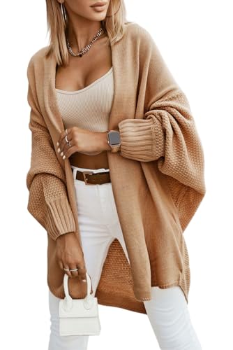 Saodimallsu Cardigan à Manches Longues pour Femme - Cardigan Ouvert sur Le Devant - Léger - Long Manteau en Tricot décontracté et élégant - Couleur Unie, Camel, L