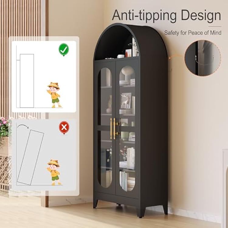 GAIOUS 73 Tall Metal Arched Storage Cabinet, Modern Farmhouse File Cabinets with Doors & Adjustable Shelves, Versatile Bookcase/Display/Cupboard with Open Storage Area for Office-Black