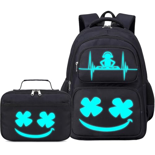 AUIVTY Boys Backpack with Lunch Box Glow in Dark Kids Ages 4-12 Kindergarten Elementary Middle School Teens Bookbag Mochilas Para Nios Luminous Face Black