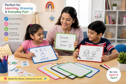 Image of YAJNAS 8x10 Inch Double-Sided Writing Whiteboard Mini Slate with Multi-Color Frame | Pack of 1 | Includes 1 Marker Pen | Reusable Dry Erase Writing Board for Meeting, Planning, Teaching, Office & Home