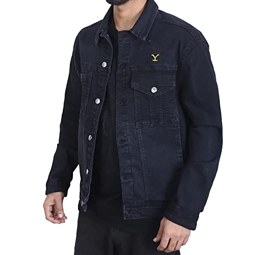 Men's Cowboy Style Black Washed Denim Jacket With Embroidered Logo (As1, Alpha, L, Regular, Regular) #TOP1