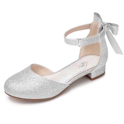 Stelle Girls Dress Shoes Closed Toe Heels Ankle Strap Pumps Sandals Flower Wedding Party Princess Shoes for Toddler Little Big Kid(Silver 13ML)