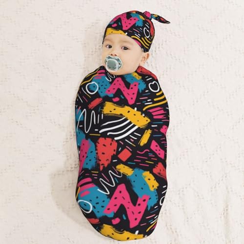 Image of 90s Art Newborn Swaddle Blankets Hat Sets Soft Baby Receiving Blanket Swaddle Sack for Baby Shower Infant Boy Girl Gift