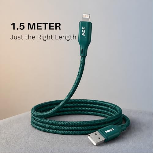 Image of PHILIPS DLC4150VT /94 20W iPhone Original Type-A to Lightning Fast Charging Cable (1.5m, Crystal Teal) | MFi Certified | 480Mbps | Nylon Braided | Compatible with iPhone & Other Lightning Devices