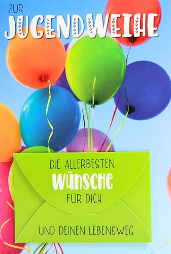 Grußkarte zur Jugendweihe mit Geldfach und Umschlag moderne Jugendweihekarte mit Spruch Luftballon Motiv Karte 11,5 x 17 cm für Mädchen und Jungen Glückwunschkarte zur Jugendweihe Geldgeschenk