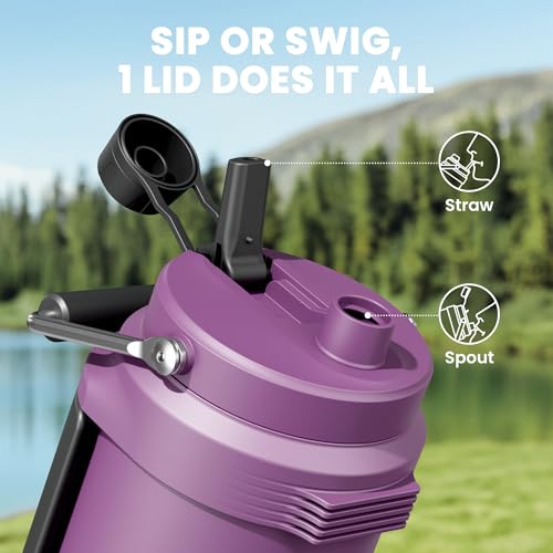 Image of 64 oz Insulated Water Bottle for Gym: Meoky Triple Wall Vacuum Stainless Steel Half Gallon Water Jug - Top and Side Handles, 2-in-1 Straw and Spout Lid, Cold for 36 Hrs, Leak Proof for Camping (Plum)