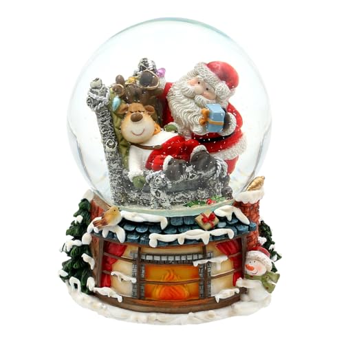 Schneekugel Rentier im Sessel und Weihnachtsmann, auf Kamin Sockel,...