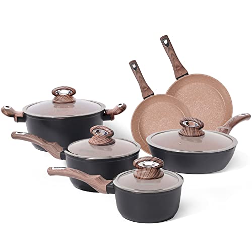 Ecowin Pots And Pans Set Nonstick 10 Pcs,Granite Coating Non Stick Cookware Sets, Pans And Utensils 10 Piece Set, Induction Conpatible Cooking,Dishwasher And Oven Safe,Kitchen Cookware Sets Pfoa Free #TOP22