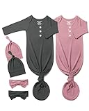 Baby Noah Newborn Knotted Gown Set with Hat and Headband - Buttery Soft Tie Bottom Newborn Sleepers Gown for Baby's Sweet Dreams (2 Packs) 0-3 Months