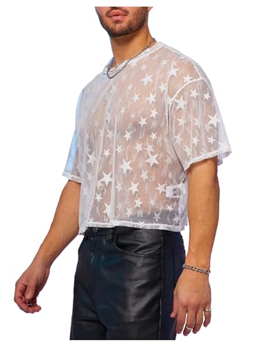 Men's Star Graphic Mesh Sheer Tee Shirt Crew Neck Short Sleeve Party Going Out Tops