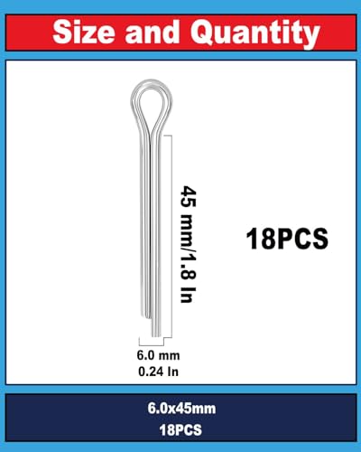 Image of 1 /4 inch x 1-3 /4 inch (M6 x 45mm) Cotter Pins, 304 Stainless Split Pins - 18 Pcs | Hardware fasteners for automotive, tractor & lawn mower. 304 marine grade stainless steel retaining pins for securing.