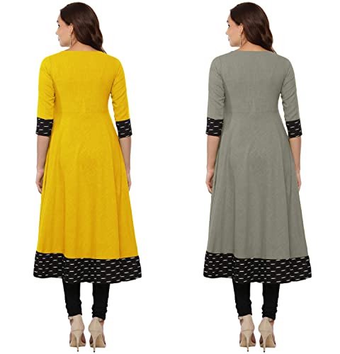 Image of NATEK Plain Cotton Readymade Anarkali Top Dress for Ladies Women - Combo Set of 2 Yellow, Grey Color XX-Large Size