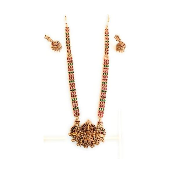 Adyashree Emporium Traditional Peacock Lakshmi PendantChoker With Ruby & Emerald Beaded Antique Design South Indian Wedding Jewellery Necklace With Earrings Jewellery Set For Women - Image 7