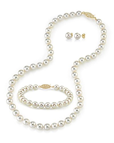 The Pearl Source 14K Gold 7.5-8mm Round White Akoya Cultured Pearl Necklace, Bracelet & Earrings Set in 18