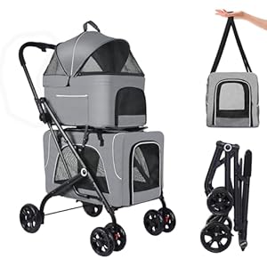 Double Pet Stroller with 2 Detachable Carrier Bags – Folding Dog Stroller for Small Medium Dogs Cats Stroller Travel Carrier(Grey&Black)