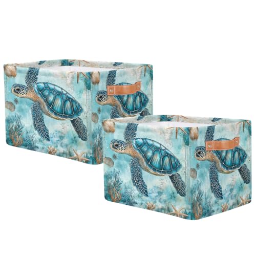Image of Turquoise Turtle Storage Baskets for Organizing, Fabric Collapsible Storage Bins Box Ocean Seashell Decorative Toy Organizer Baskets for Closet Shelves Gift Basket 2Pcs