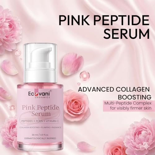 Image of Pink Peptide Face Serum with Matrixyl 3000, PDRN & Vitamin C | Hydrating & Collagen Support Serum with Rose & Waterlily Extract | Lightweight Skin Plumping & Radiance Facial Serum for Smoother Looking Skin | 30 ml