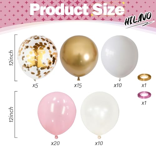 Image of Pink Gold Balloons Set, 60Pcs 12 Inch Pastal Baby Pink Metallic Gold White Balloon with Gold Confetti Latex Balloons for Girls Women Birthday Wedding Baby Bridal Shower Party Decorations Supplies