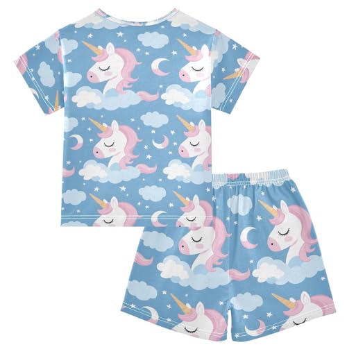 ALAZA Unicorn Moon Star Blue Pajamas Short Sleeve 2 Piece Sleepwear Top and Bottom Pajama Set Unisex2
