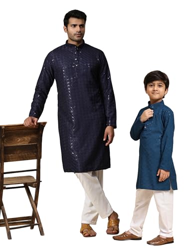 Image of Pro-Ethic Style Developer Men Silk Striped Father Son Matching Ethnic Wear Embroidery Mirror Work Kurta Pyjama Set |(Combo)B-117