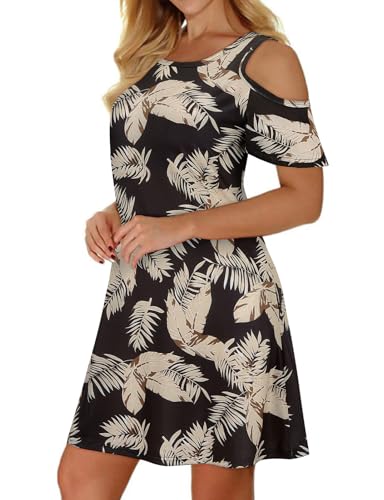 Image of Misyula Style Womens Summer Cold Shoulder Floral Flowy T-Shirt Dress with Pockets