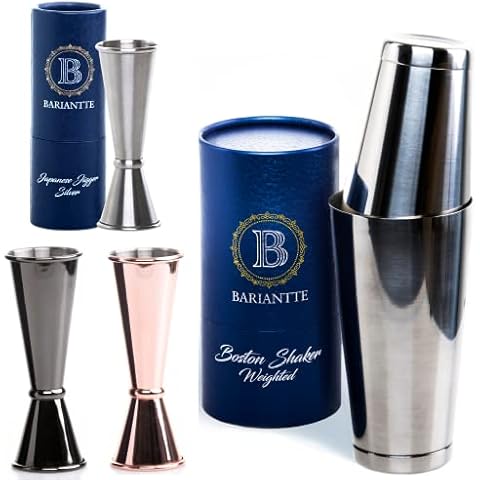 BARIANTTE Bundle Weighted Cocktail Shaker and Cocktail Jigger | Shaker Tins Bartending, Boston Shaker Set with Shot Measure Jigger, Drink Shaker Jigger Set | Stainless Steel Shaker Cocktail Jigger Set Cover