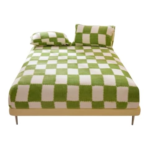 ZIQINPSQ Milk Velvet Fitted Sheet Queen,Breathable Checkered Bedding Mattress Cover,Luxury Cozy Comfy Flannel Gingham Sheet with 15" Deep Pocket, No Pillowcases,Green Cover