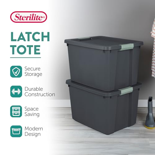 Image of Sterilite 6-Pack Latch Tote, Stackable Plastic Storage Bin Containers, 20 Gallon, Gray /Green - Large Organizer Boxes with Lids for Closet, Bedroom, Tool, and Laundry Organization