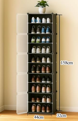 Image of Plastic Shoe Rack for Home with Door | 10-Shelf DIY Shoe Cabinet Organiser | Stores 20 Pairs | Foldable & Waterproof Shoe Stand for Entryway, Bedroom