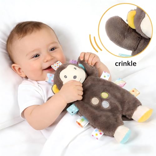 Image of CREVENT Cozy Plush Baby Animal Head Security Blanket, Soft Monkey Lovey with Crinkle Arms for Baby Girls & Boys Birthday Gift