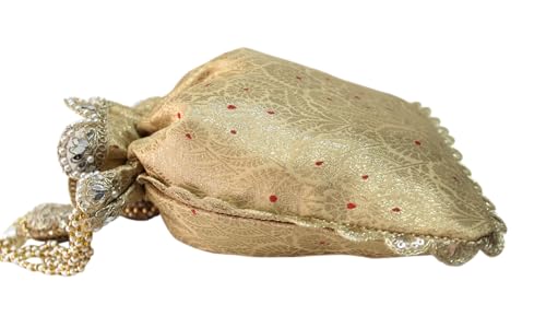 Image of MILAN'S CREATION Pure Banarasi Potli Silk Brocade Bag Purse Drawstring Women's handbag with Pearl Handle & Tassel Weddings