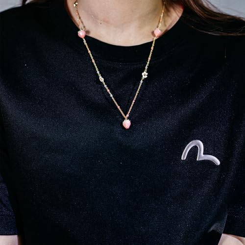 Strawberry Necklace for Women - Gold Plated Brass Fruit Jewelry, Floral Charm Pendant Gift, Cute Dainty Fashion Accessories (White Flower Pink Strawberry)4