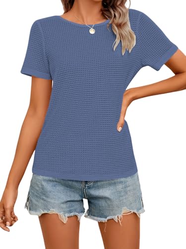 Image of Leriya Fashion Women's Waffle Knit T-Shirt - Short Sleeve Lightweight Summer Top| Soft Breathable Crew Neck Casual Tee for Office, Travel, Vacation & Daily
