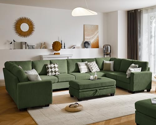 Image of CHIC HOUSE Modular Sectional Couch| Corduroy L Shaped Sleeper Sofa, U-Shape Sofa Bed Convertible Chaise with Storage Ottoman for Living Room Modern Furniture (Green, 12 Seater U-Shaped)