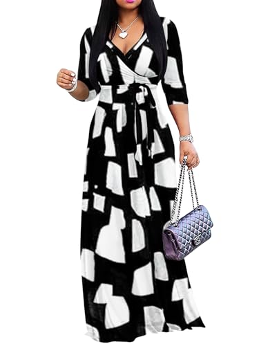 Image of Yajedo Womens Casual Summer Maxi Dress Plus Size Sexy Wrap V Neck 3 /4 Sleeve Sundress with Pockets