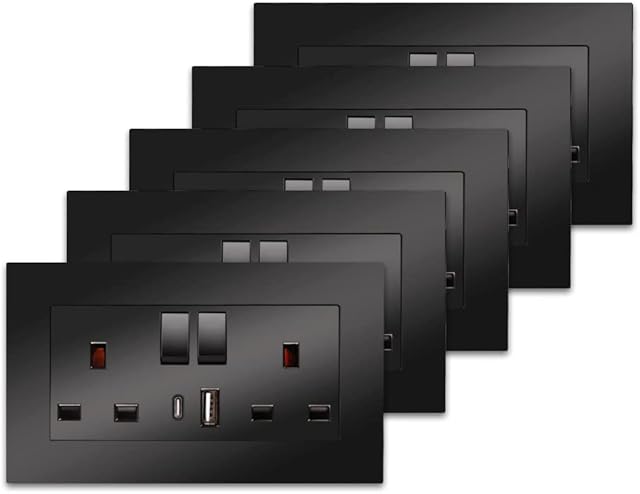 5 Pack CNBINGO Double Switched Power Socket with Dual USB Charging Ports (Type A and C), Black 13 Amp Electric Wall Socket