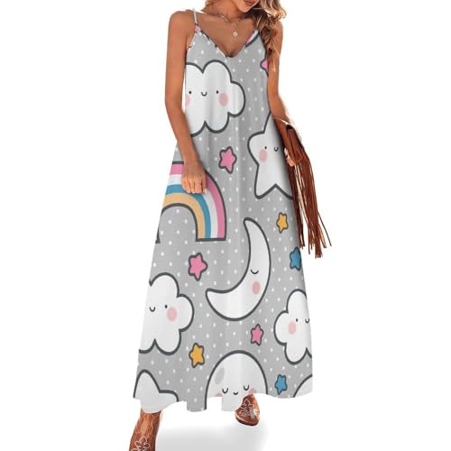 Robe longue femme ete sans manches Nuage Étoilé Arc-en-Ciel, robe maxi de plage legere
