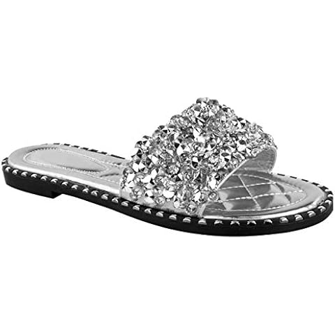 Fashion Thirsty Womens Ladies Flat Low Heel Diamante Sandals Slip On Party Wedding Bling Sliders by Heelberry Silver Cover