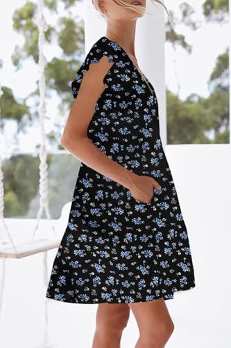 Image of nclook Womens Summer Casual Dresses Sweet Cute V Neck Mini Dress with Pockets Ruffle Short Sleeve