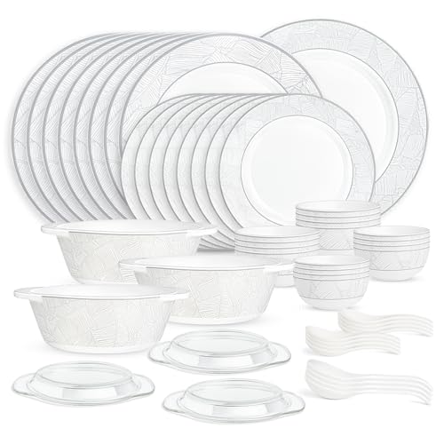 Image of Larah by Borosil 51pc Opalware Ivy Dinner Set for Family of 8 | Microwave & Dishwasher Safe Crockery Set for Dining & Gifting | Plates & Bowls