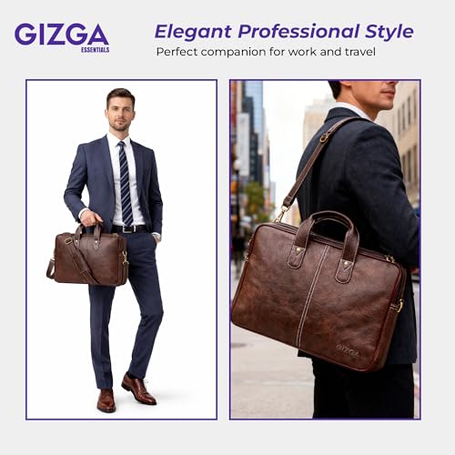 Image of Gizga Essentials Laptop Bag fits Upto 16 Inch Laptops /MacBook| Synthetic Leather Office Messenger Bag with Padded Compartments, Multiple Pockets, Premium Zipper, Adjustable Strap, Dual Handles (Tan)