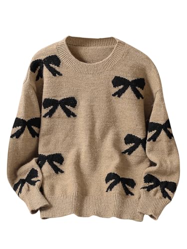 Image of BEAUDRM Girl's Cute Bow Sweater Crew Neck Long Sleeve Drop Shoulder Loose Pullover Tops