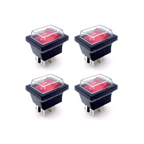 JZK Lot de 4 interrupteurs à bascule marche/arrêt, 4 bornes, lumière rouge, 16 A, 250 V CA, avec couvercle étanche, pour machines électriques