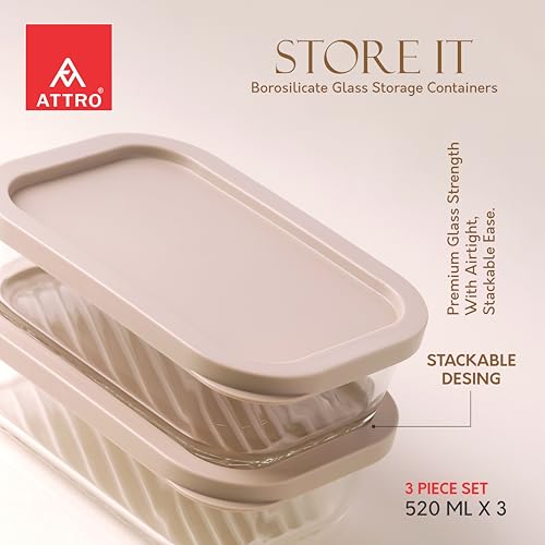 Image of ATTRO Storeit Borosilicate Glass Storage Containers - 520ml, Set of 3, Transparent & Stackable with PE Lids, Microwave, Fridge & Dishwasher Safe, Ideal for Kitchen & Leftovers- Ivory