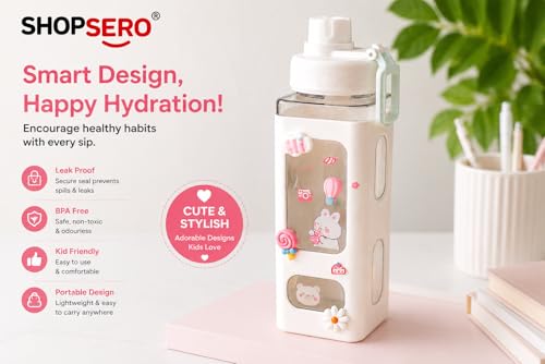 Image of Kawaii Bear Water Bottle with Straw & Stickers - 700ml Cute Square Plastic Drinking Bottle for Girls | Portable Juice /Tea /Sports Bottle (White)