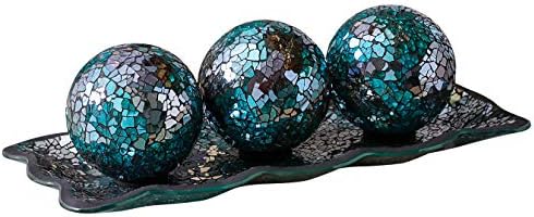 KMwares 12.4” Mosaic Glass Decorative Tray Dish Plate with 3pcs 3" Decorative Orbs Balls Sphere Decor for Living Room or Dining Table Coffee Table Mantle Decor Centerpiece (Turquoise)