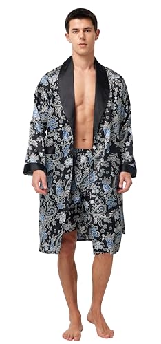 Image of TONY AND CANDICE Men's Satin Robe Lightweight Long Sleeve Silk Kimono Bathrobe with Shorts Set Sleepwear