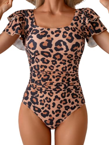 Image of Eomenie Women's Tummy Control One Piece Swimsuit Ruffle Square Neck Bathing Suit Ruched Cutout Back Slimming Swimwear