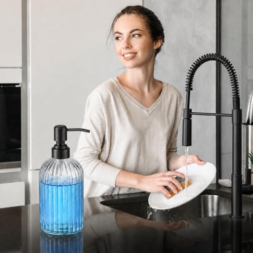 Image of Clear Glass Soap Dispenser | with Matte Black 304 Rustproof Stainless Steel Pump 18oz for Kitchen and Bathroom Hand Soap Dispenser Bottle