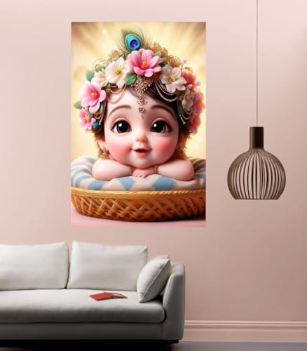 Image of Akki Wold Little Kanha In Basket Wall Poster Living Room, Office, Pooja Room (Size - 46CM X 30CM)